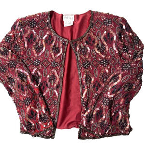 Vintage STENAY Beaded Silk Jacket Size L FLAWS Burgundy Wine Dark Red Floral